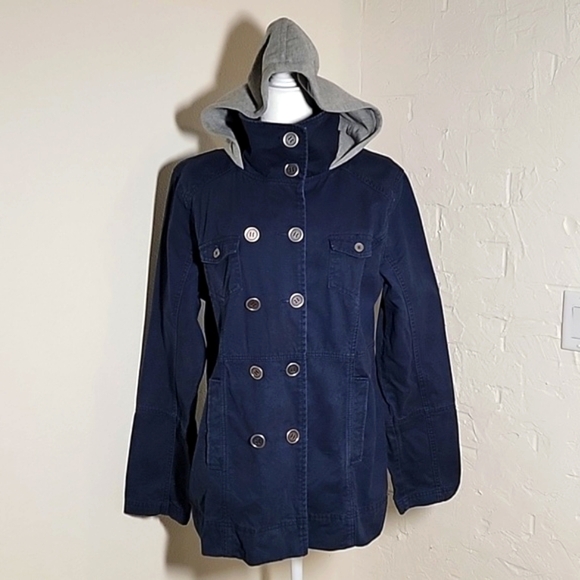 Hurley Winchester Woven Jacket Coat Hoodie Hooded Zip-Up Button Navy Blue Gray L - Picture 1 of 16